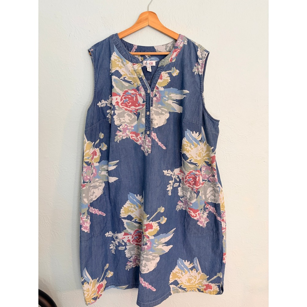 Denim & Co Dress 2X Blue Floral Sleeveless Split Neck Denim Shift Cottagecore